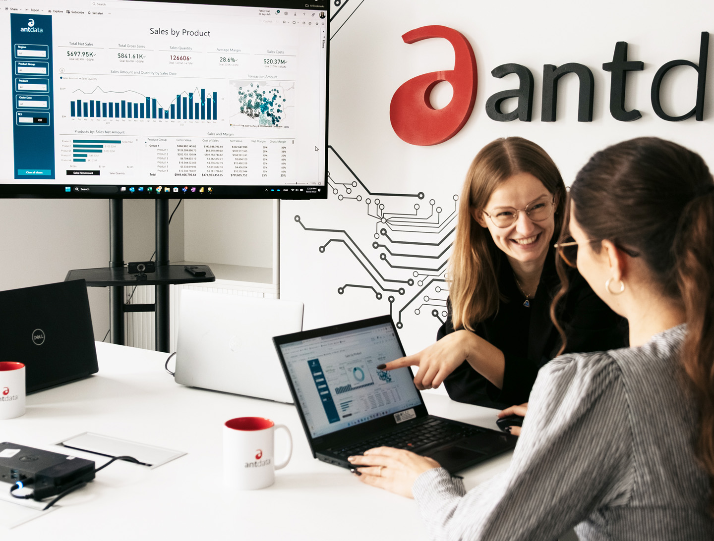Power BI training at Antdata with participants analyzing a sales dashboard