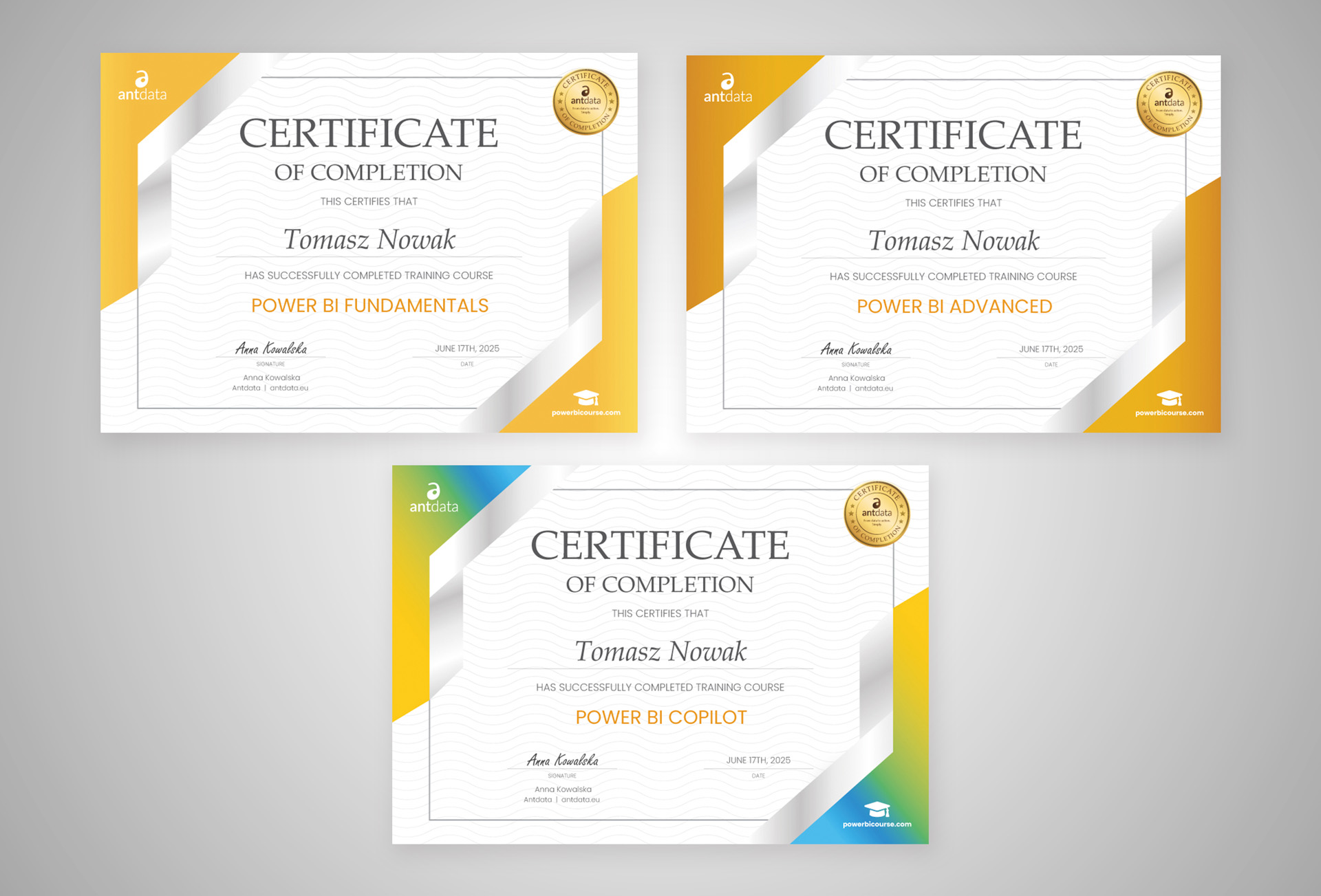 Power BI training completion certificates for Fundamentals, Advanced, and Copilot courses